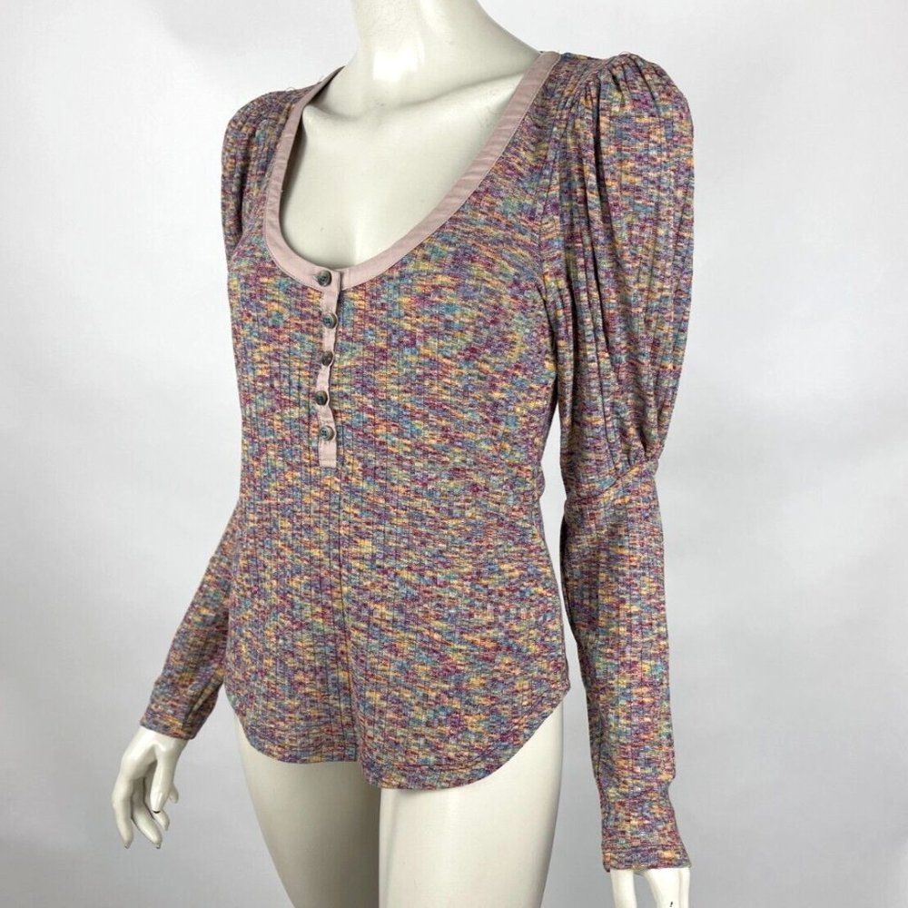 Anthropologie Puff-Sleeved Knit Henley Top Women S NWT Stretch Scoop Neck Purple - Picture 3 of 11